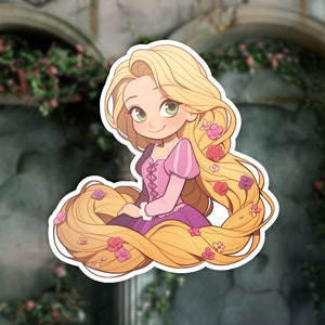 May include: A cartoon illustration of a young woman with long blonde hair, wearing a purple dress and a pink bodice. Her hair is decorated with pink and yellow flowers. The background is a blurry image of a stone archway with vines and flowers.