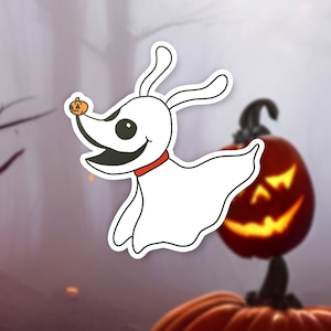 May include: A white cartoon ghost dog with a red collar and a small orange pumpkin in its mouth. The ghost dog is flying in front of a blurry background of a jack-o-lantern and a tree branch.