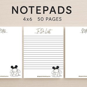 May include: White notepads with the text "NOTEPADS" and dimensions of 4x6 inches, 50 pages. Each notepad features a cartoon bunny with a black hat. One notepad has lines for a to-do list, and two have the word "Notes".