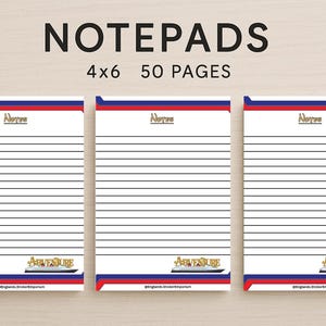 May include: Three lined notepads, each 4x6 inches with 50 pages. The top border is red, white, and blue. The word "Notes" is at the top, and "Adventure" is at the bottom. The background is a light wood color.