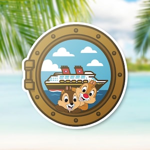 May include: A sticker featuring Chip and Dale peeking out of a porthole, with a cruise ship in the background. The porthole is brown with a gold trim, and the background is a tropical beach scene.