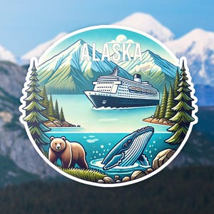 May include: A colorful illustration of a cruise ship sailing through a mountain range with the word "ALASKA" in white text. The image also features a brown bear and a whale in the water.