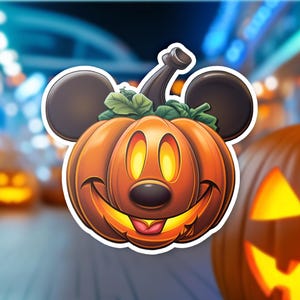 May include: A cartoon-style orange pumpkin with Mickey Mouse ears and a smiling face. The pumpkin has glowing eyes and a mouth, with green leaves on top. The background is blurred with other pumpkins and lights.