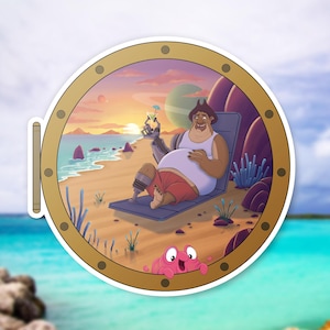 May include: A round sticker featuring a cartoon scene of a person relaxing on a beach chair with a drink, set against a sunset backdrop. A pink crab peeks from the bottom. The scene is framed by a gold-colored porthole.
