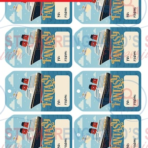 May include: Gift tags with a cruise ship design. Each tag features a ship illustration, the word "FANTASY", and space for "TO:" and "FROM:" details. The tags are approximately 2.5" x 4" in size. The text "PDF DOWNLOAD TAGS" is also present.