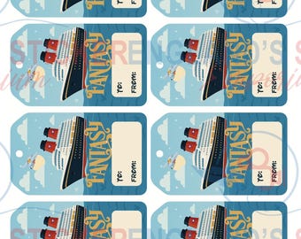 May include: Gift tags with a cruise ship design. Each tag features a ship illustration, the word "FANTASY", and space for "TO:" and "FROM:" details. The tags are approximately 2.5" x 4" in size. The text "PDF DOWNLOAD TAGS" is also present.