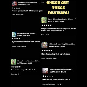 May include: A collection of five customer reviews for vinyl stickers featuring characters from popular cartoons and movies. The reviews include a five-star rating and positive comments about the quality, shipping speed, and overall satisfaction with the stickers.