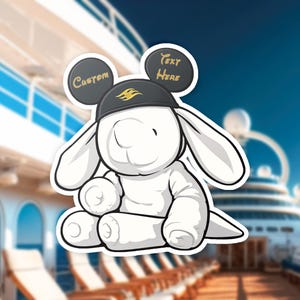May include: White plush bunny sticker wearing a black hat with a gold flame design and the words "Custom" and "Text Here" on the ears. The sticker is set against a blurred background of a cruise ship and blue sky.
