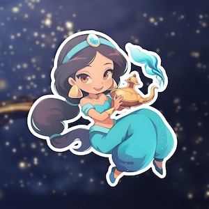 May include: A cartoon illustration of a princess with long dark hair, wearing a blue and gold outfit, holding a golden lamp with blue smoke coming out of it.