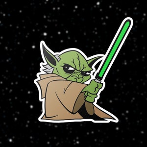 May include: A green cartoon character with large ears and a white beard, holding a green lightsaber, against a black background with white stars.