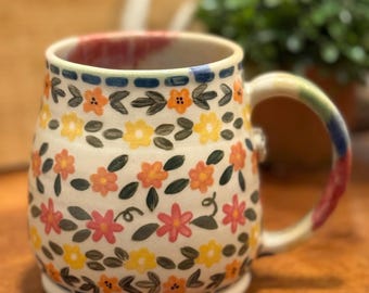Handmade Ceramic Pattern Floral Quilted Flowers Painted Mug Coffee Cup Pottery Gift