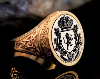 Customisable 925 Sterling Silver 14 k Gold Plated Family Crest Ring, Heraldic Ring, Custom family Ring, Personalized Ring, Coat of arms