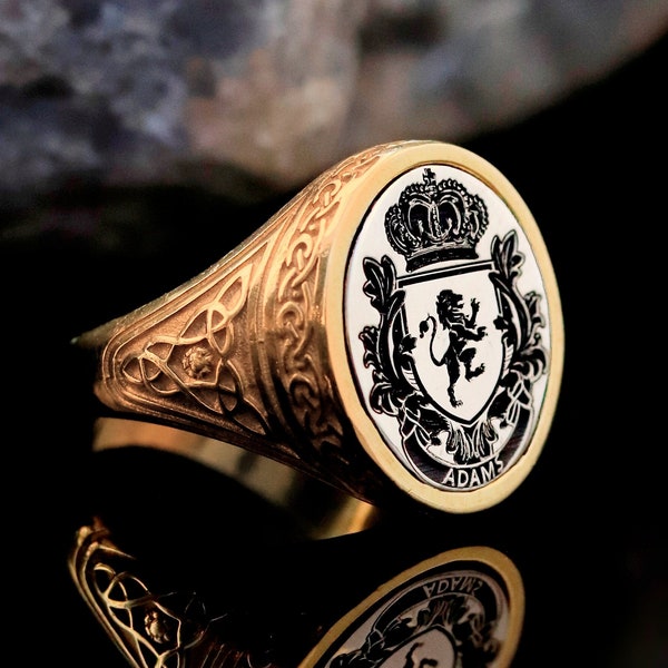 Customisable 925 Sterling Silver 14 k Gold Plated Family Crest Ring, Heraldic Ring, Custom family Ring, Personalized Ring, Coat of arms