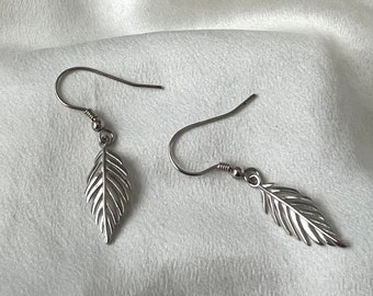 Sterling Silver Boho Style Leaf Dangle Hook Earrings