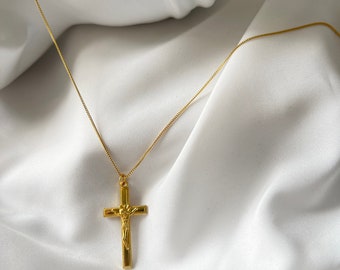 18K Gold plated Sterling Silver Jesus Cross Pendant Long Necklace