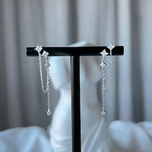 S925 Double Piercing Earrings Sterling Silver Sparkling Chain Drop Earrings, 18k gold plated