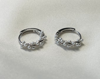 Sterling Silver Dainty Mini Pearls Hoop Earrings