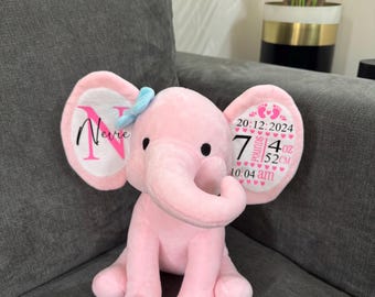 Personalised Plush Elephant Keepsake, New Baby Gift, Birth Announcement, Memory Elephant
