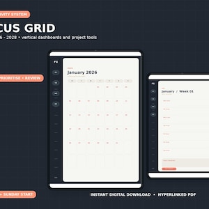 May include: A digital productivity system titled FOCUS GRID dated 2026-2028, featuring vertical dashboards and project tools. The interface displays a monthly calendar for January 2026 and a weekly planner page with hyperlinked navigation tabs.
