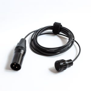 May include: A black microphone cable with a small, round microphone head and a larger XLR connector. The cable is coiled and secured with a black velcro strap. The background is white.