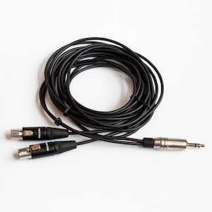 May include: Black audio cable with two REAN XLR connectors and a silver and black 1/4 inch (6.35 mm) connector. The cable is coiled and lies on a white surface. The connectors are black with silver accents.