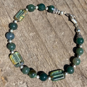 Pretty green Czech glass and natural stone bracelet with silver hardware