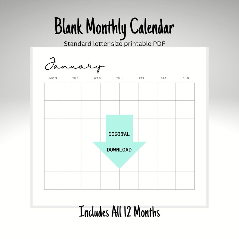 Blank Monthly Calendar Horizontal 11x8.5 Inches Minimalist Etsy