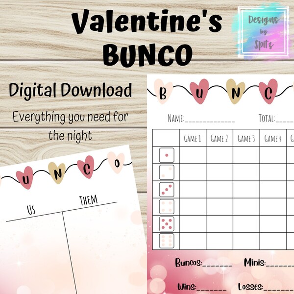 Valentine's Day Bunco Card, Bunco Score Sheet, February Bunco, Winter, love, valentines game, Instant Download