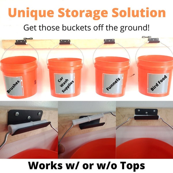 Garage Storage Organization - Bucket Bracket Hanger Hooks Kit Idea 2.5 - 5 Gallon Buckets - Takes wasted wall space, Bulk storage.