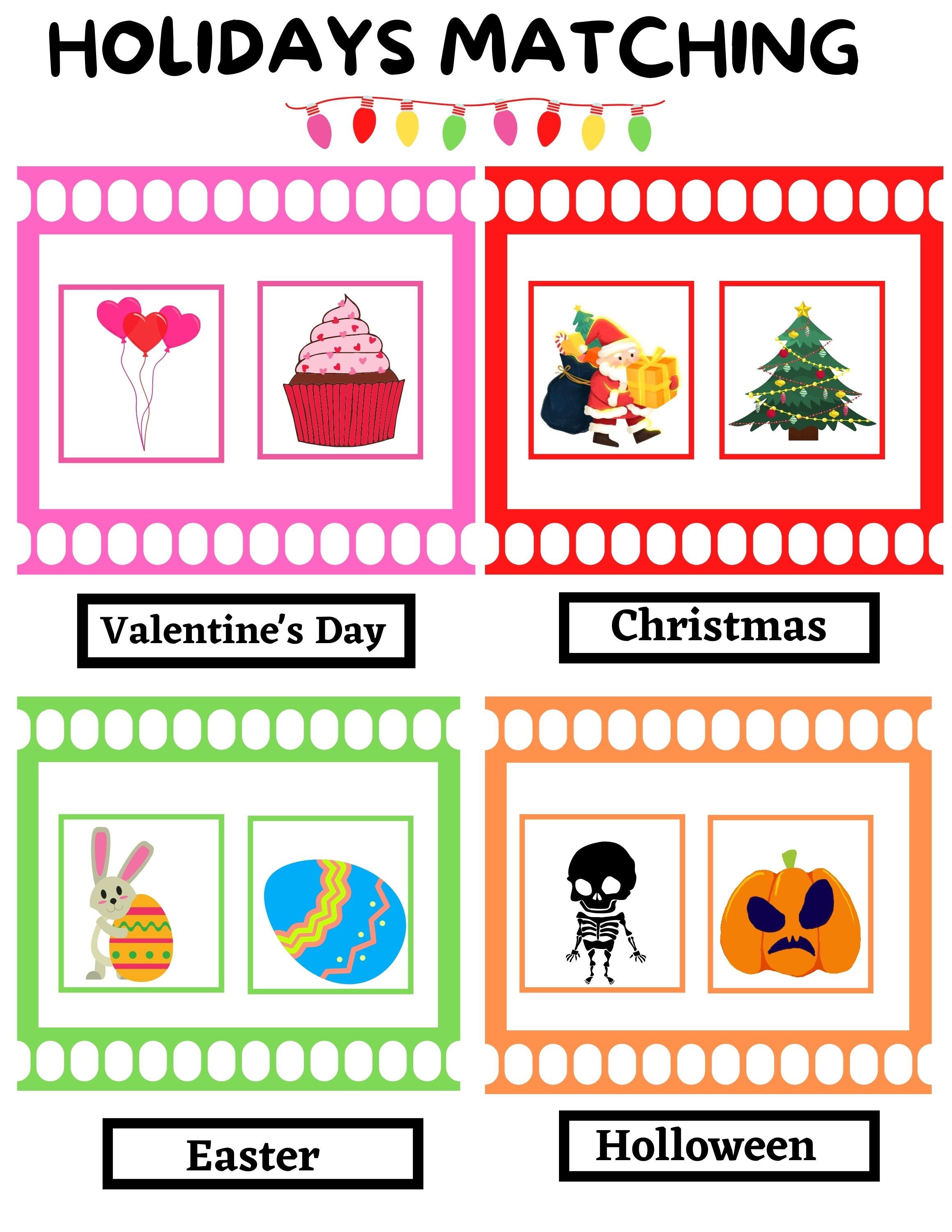 Holidays Matching Activity, Toddler Learning Activity, School ...