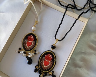 Long Sicilian necklace with Sicilian majolica necklace with sacred heart