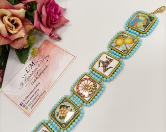 Bracciale siciliano, sicilian bracelet, bracciale in ceramica di Caltagirone, bracciale con mattonelle, regalo per lei, bracciale turchese