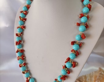 Choker necklace of turquoise pearls and natural coral