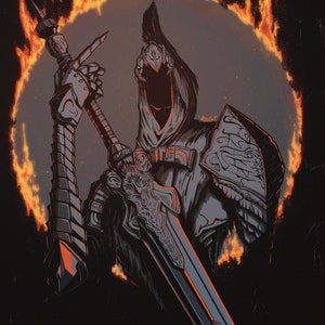 May include: Digital illustration of a knight figure holding a large sword, encircled by flames. The knight is in dark armour with detailed designs, set against a dark backdrop. The artwork has a digital painting style.