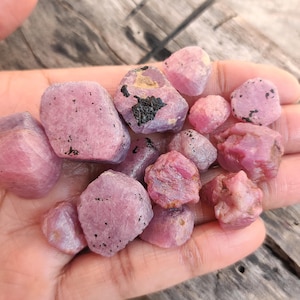 Puede incluir: Un puñado de piedras preciosas de rubí en bruto, sin cortar, de varios tamaños. Las piedras son principalmente de color rosa-rojizo claro, con algunas que muestran inclusiones rojas y negras más oscuras. Las piedras preciosas tienen un aspecto natural, sin pulir.