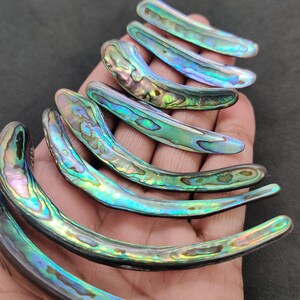 Puede incluir: Una colección de piezas iridiscentes de concha de abulón, cada una con una forma curva y alargada. Las conchas muestran una vibrante gama de colores, incluyendo azules, verdes y púrpuras, con un acabado brillante y nacarado. Las conchas se sostienen en una mano sobre un fondo oscuro.