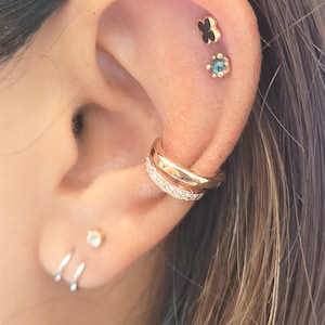 14k Solid Gold Double Wire Ear Cuff With CZ stones No Piercing, Dainty Double Ring Ear Cuff, Minimal Everyday Ear Cuff, CZ/Gold Mix Ear Cuff