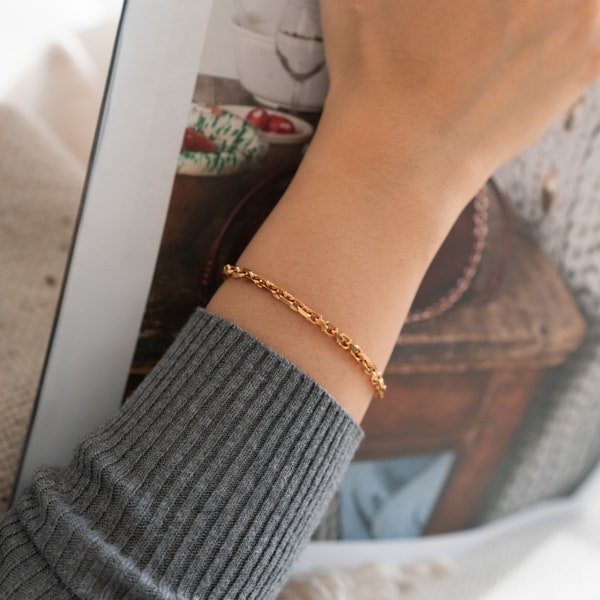 14k Solid Gold Square Rolo Bracelet, Thin Dainty Gold Chain, Minimal Bracelet, Layering Chain, Yellow Rose Gold, Simple Chain Bracelet