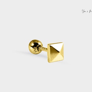 14k Solid Gold Pyramid Design Single Tiny Studs for Women Piercing 6mm Post Cartilage Ball Screwback Hypoallergenic Yellow White Rose Gold