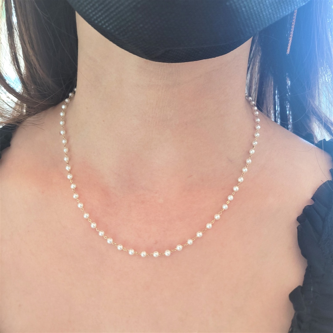 14k Solid Gold Pearl Beaded Chain Necklace, Dainty Pearl Necklace, Thin