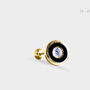Piercing pequeño de oro macizo de 14 k con forma de círculo, ónix negro, circonita cúbica y bisel, para mujer y hombre, con poste de 6 mm, bola, rosca, amarillo, blanco y rosa.