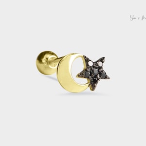 14k Ouro Sólido Ouro Negro Lua e Estrela Design Único Pequenos Pinos para Mulheres Piercing 6 mm Post Cartilagem Bola Parafuso Amarelo Branco Rosa Ouro