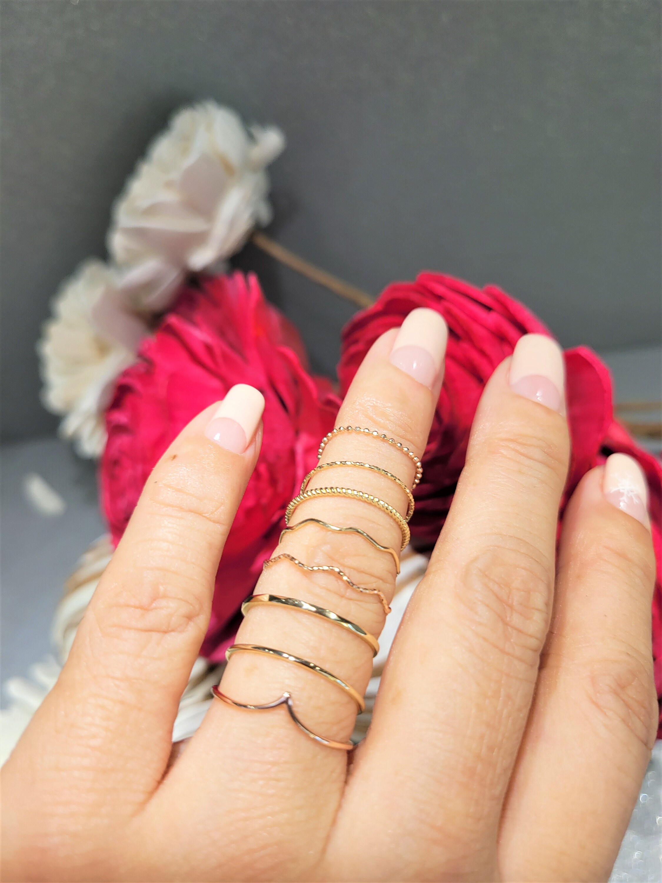 14k Solid Gold Dainty Bead Ball Chain Ring Dainty Simple Etsy