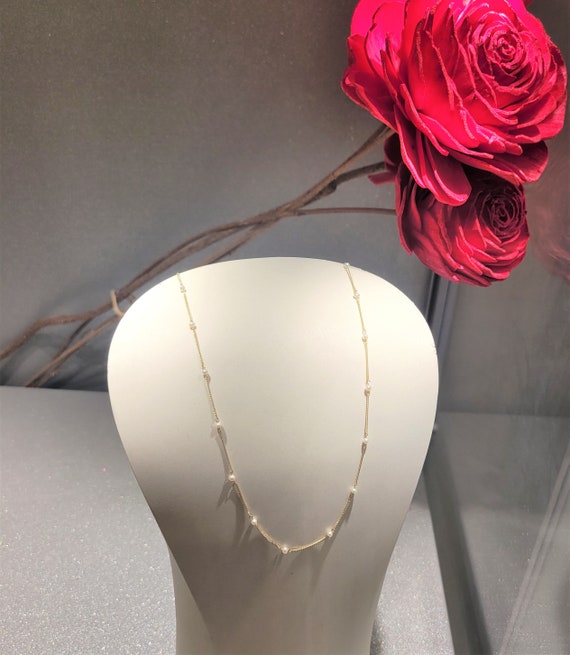 14k Solid Gold Pearl Chain Necklace Thin Gold Chain Necklace Dainty Fine Jewelry Delicate Pearl Necklace Yellow Rose Gold Jewelry