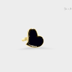 14k Solid Gold Black Enamel Curved Heart Design Single Tiny Studs for Women Piercing 6mm Post Cartilage Ball Screwback Yellow White Rose