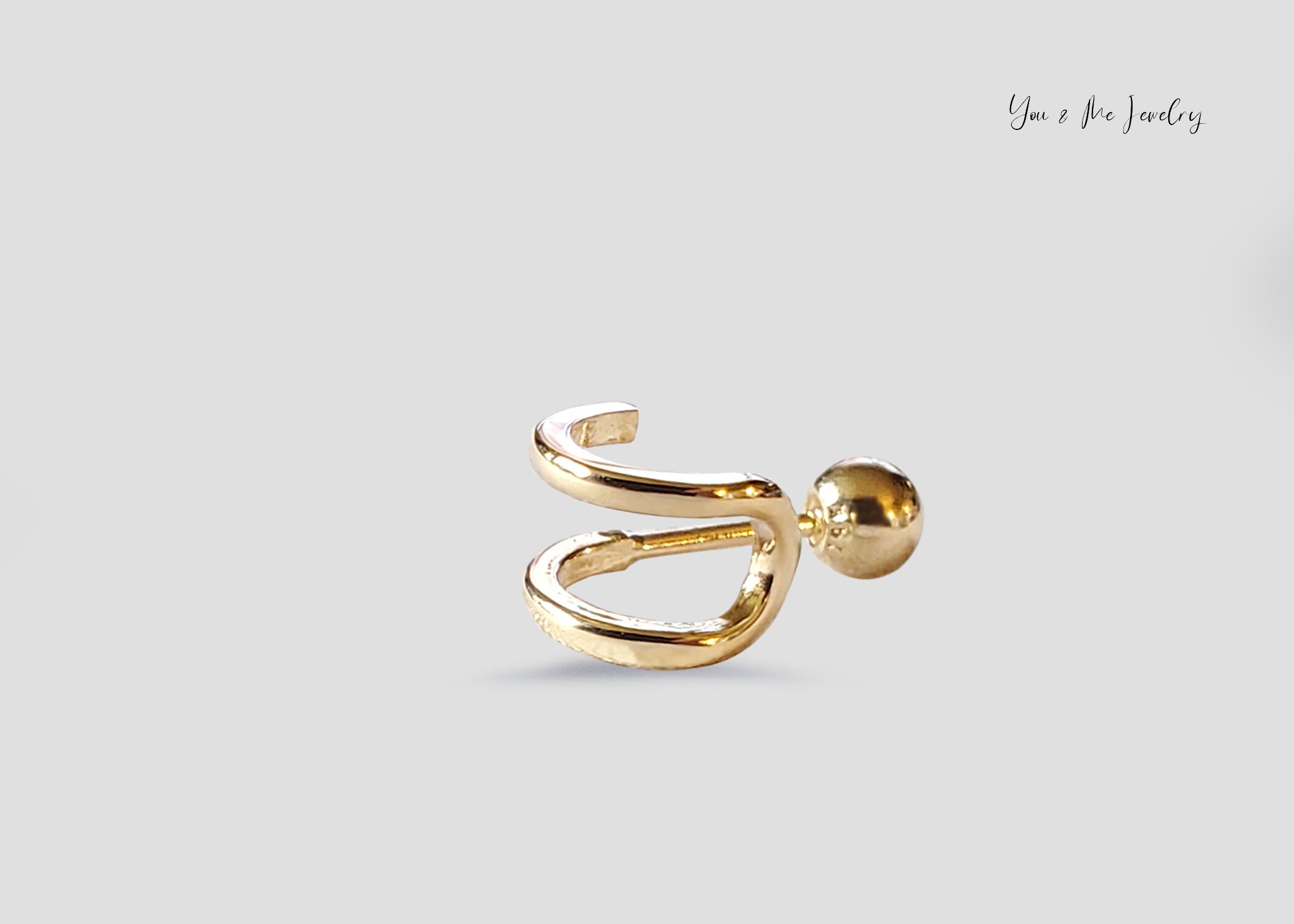 14k Solid Gold Double Wire Ear Cuff Design Single Tiny Studs Etsy