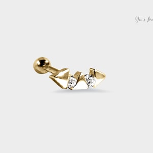14k Solid Gold Curved 3 Triangle with Cubic Zirconia Stud, Dainty Gold Curved Earring, Minimal Gold CZ Piercing, Everyday Gold Earring Stack