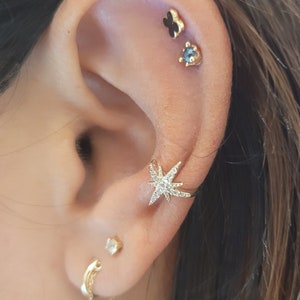 14k Solid Gold Ear Cuff No Piercing Star Leaf with CZ Stones Design Wrap Earrings for Women Single Post Helix Conch Yellow White Rose Gold