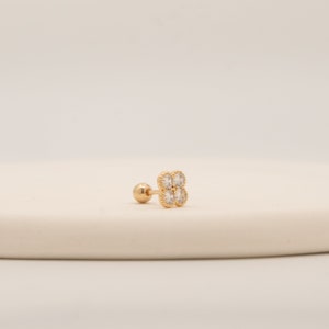 14k Solid Gold 4 Stone Clover Design with CZ Cubic Zirconia Stud Earring, Dainty Minimalist Studs For Women, Everyday Cartilage Earring
