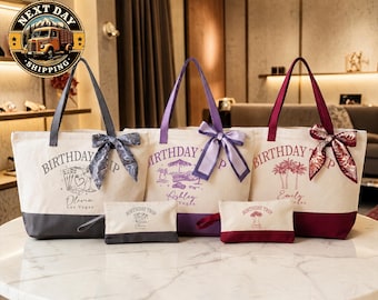 Custom Birthday Trip Canvas Tote Bag, Travel Celebration Tote, Birthday Vacation Gift Bag, Girls Trip Tote